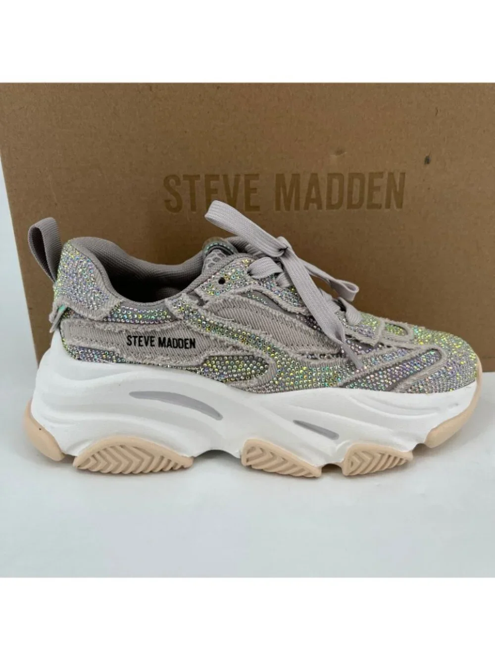 Steve Madden Permit Rhinestone Sneakers Size 5.5M Gray Platform Lace Up Chunky